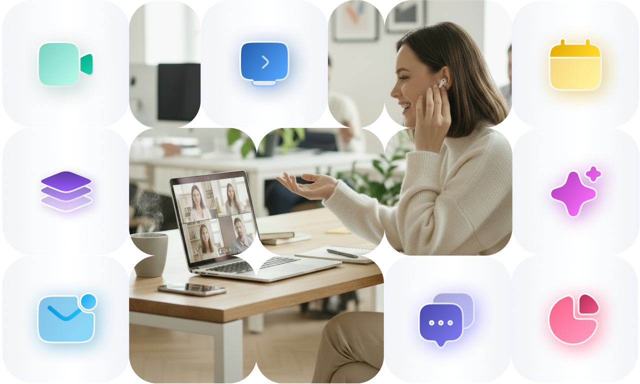Цифровая платформа онлайн-коммуникаций Встречи Вебинары Онлайн-трансляции Мессенджер AI-Ассистент Диск Почта